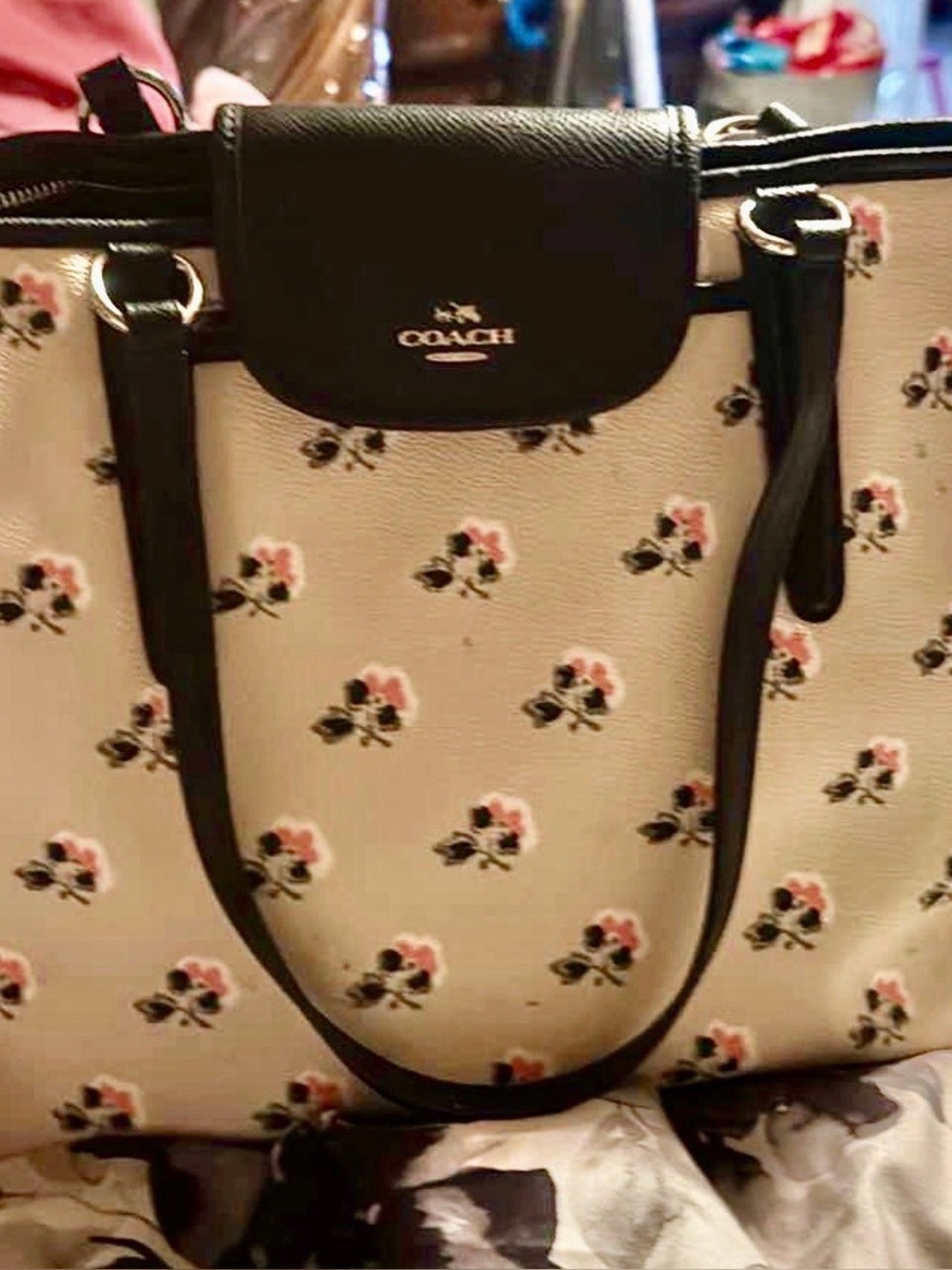 COACH Cream Floral Tote with Black Trim and Pink Accents